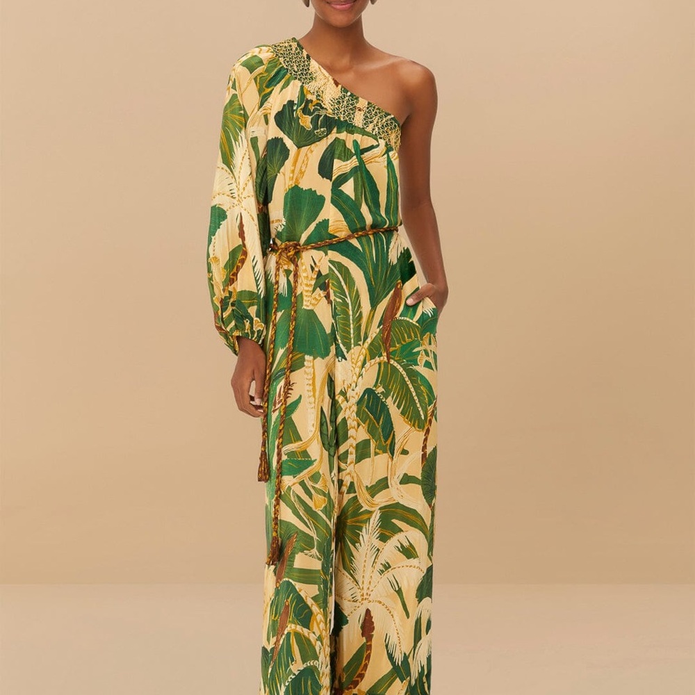 Farm Rio Beige Tropical Isla One-Shoulder Jumpsuit